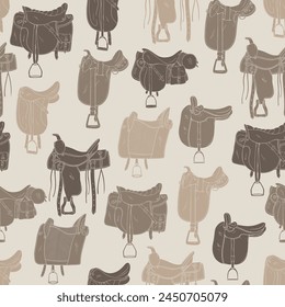 Horse riding vector seamless pattern with different types of saddles on background. Hand drawn set with dressage, jumping, treeless, endurance, hunting, stock and side saddles