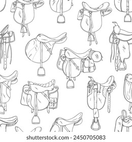 Horse riding vector seamless pattern with different types of saddles on background. Hand drawn set with dressage, jumping, treeless, endurance, hunting, stock and side saddles