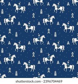 Horse riding in the winter forest, seamless vector pattern