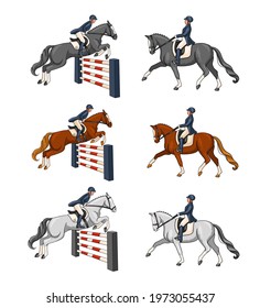 Horse Riding Woman Riding Dressage Horse in Cartoon Style