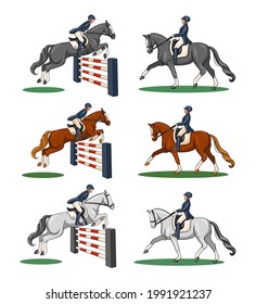 Horse Riding Woman Riding Dressage Horse in Cartoon Style