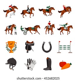 Horse rising sport flat color icons with rider on horseback jockey in carriage horseshoe fence prize images isolated vector illustration 