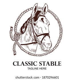 Horse and Rope in hand drawn style, perfect for horse stable, horse farm logo and tshirt design 
