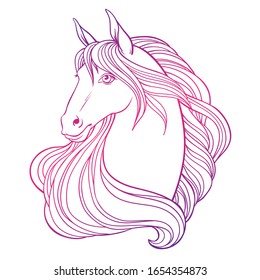 Caballo y rosas, ilustración de lino vector dibujado a mano para logotipo, libro de colorear, tarjeta de saludo.