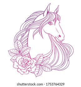 Caballo y rosas, ilustración de lino vector dibujado a mano para el logotipo, libro de colorear, tarjeta de saludo.