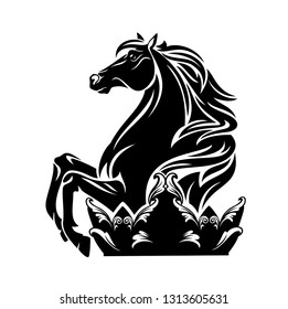 horse and royal crown - black vector stallion silhouette and regal decor