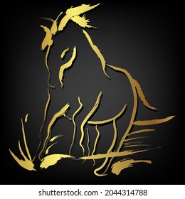 horse run ,illustration use golden brush stroke painting on black background