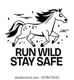 Horse with run wild stay safe typography, glyph sticker 
