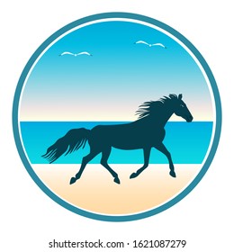 Horse running along the seashore - round icon - isolated on white background - vector. Camping.