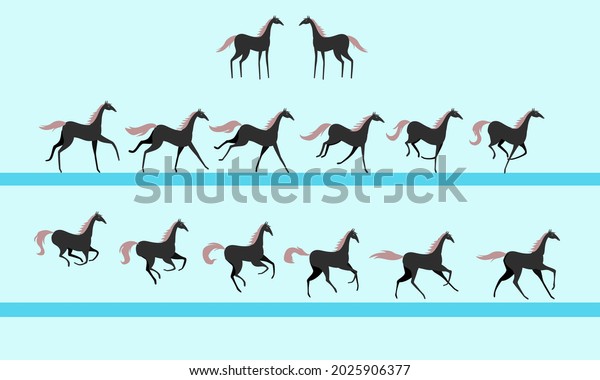 Horse running\
animation. Twelve key positions of horse running. Vector\
illustration isolated on white\
background.