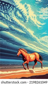Horse running by the sea poster vector illustration