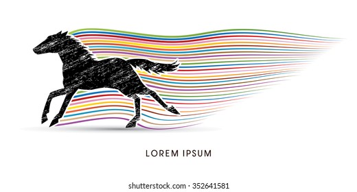 Horse running, designed using grunge brush with rainbow line graphic vector.