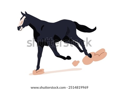 Horse running fast. Galloping stallion in action. Rushing, racing thoroughbred breed, rising dust and sand at speed. Equine endurance, stamina. Flat vector illustration isolated on white background