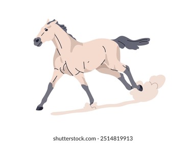 Horse running fast, galloping. Thoroughbred stallion in action. Beautiful strong equine breed, steed racing, rushing at fast speed. Flat graphic vector illustration isolated on white background