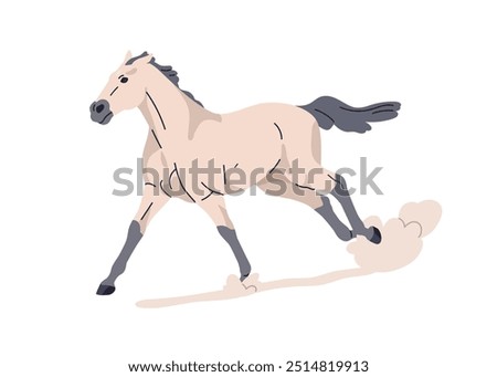 Horse running fast, galloping. Thoroughbred stallion in action. Beautiful strong equine breed, steed racing, rushing at fast speed. Flat graphic vector illustration isolated on white background