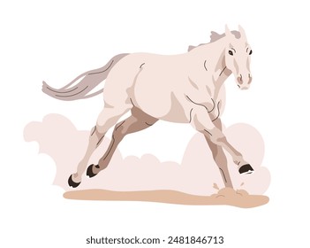 Horse running fast. Racing at speed. Rushing stallion, ground dust puff and sand clouds. Beautiful strong equine power in motion, action. Flat vector illustration isolated on white background