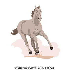 Caballo corriendo rápido. Semental de pura sangre fuerte en acción, galopando con nubes de arena, soplo de polvo molido. Hermoso equino en movimiento, carreras. Ilustración vectorial plana aislada sobre fondo blanco