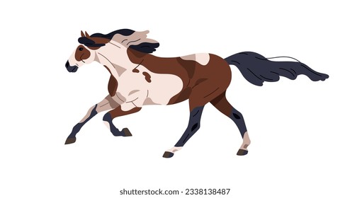 Caballo corriendo, rasgo galopante. Stallion de raza piebalda con manchas salvajes, moviéndose a velocidad rápida. Perfil de caballo de carreras, vista lateral. Cortada con el hombre y la cola. Ilustración vectorial plana aislada en fondo blanco