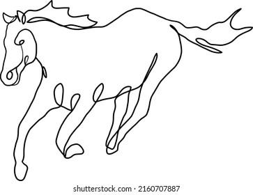 Horse running hand drawn one line drawing black and white vector design. Continuous single line drawing of galloping horse. Ideal for poster, card, banner, flyer, logo, and emblem.