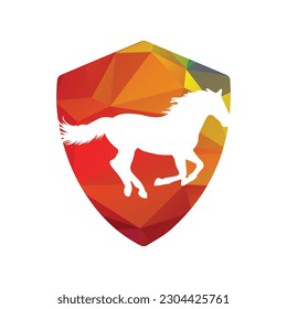 Horse running icon vector illustration inside a shape of shield pattern color . 