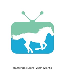 Horse running icon vector illustration inside a shape of TV green and blue color. 