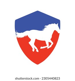 Horse running icon vector illustration inside a shape of shield blue and red color. 