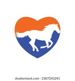 Horse running icon vector illustration inside a shape of heart orange and blue color. 