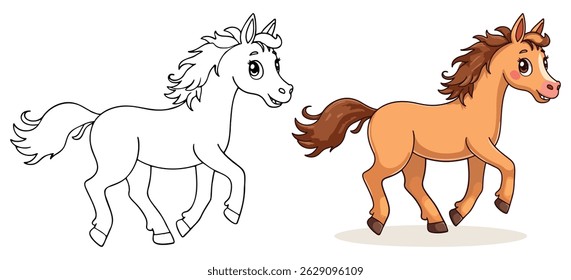 A horse is running Isolated Line Art Vector Outline Illustration Black and White with Coloring Sample