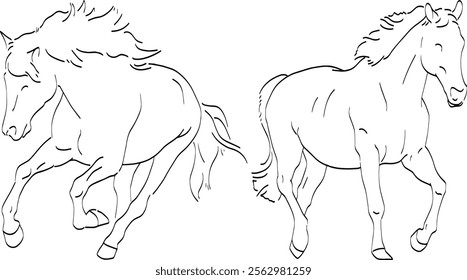 Horse Running Line Art. Vector Icon Logo Hand Drawn Black Line Doodle Illustration