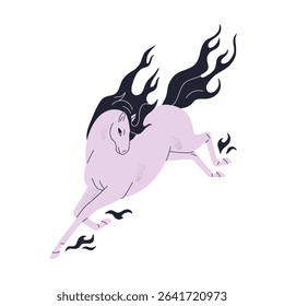 Horse running. Magical stallion with flowing fire mane and tail, galloping with fast speed, graceful energy. Fairytale fiction equine animal. Flat vector illustration isolated on white background
