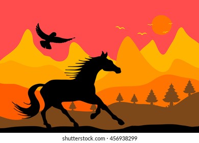 Horse running and mountain landscape vector