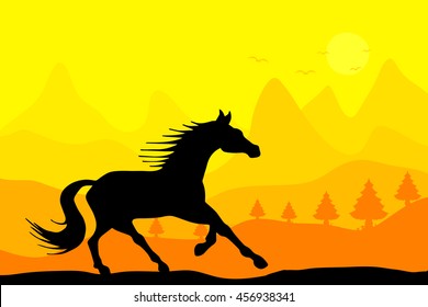 Horse running and mountain landscape vector