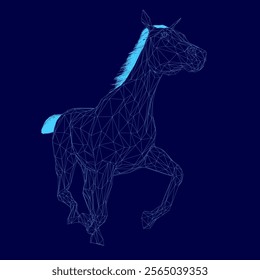 Horse is running on a blue background. The horse is in a 3D model and he is in motion