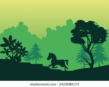 Horse running on green silhouettes background 