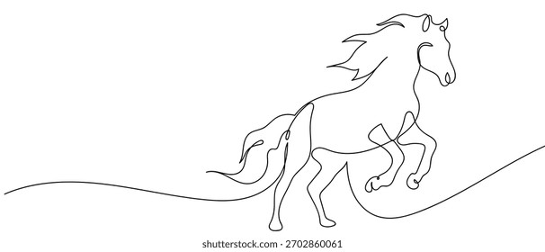 The horse is running, one continuous line. single line art drawing vector illustration.