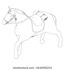 A horse is running with a saddle on its back. The saddle is black and white. The horse is wearing a bridle