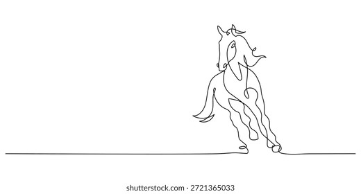 Caballo corriendo una sola línea dibujando minimalismo continuo Arte decorativo Copia Espacio Año del saludo del caballo Dibujado a mano Boceto Ilustración