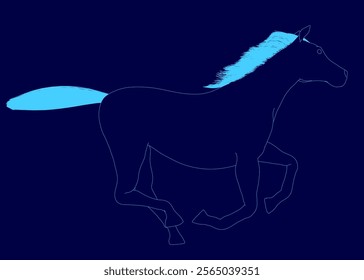 Horse is running in the sky with a blue tail. The horse is the main focus of the image