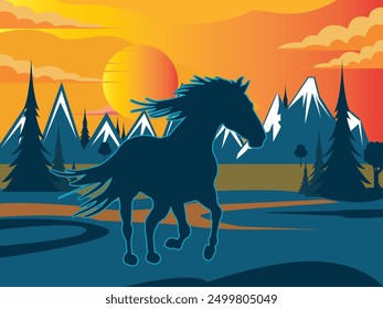 A horse is running through a desert with a mountain in the background of a beautiful sunset landscape.