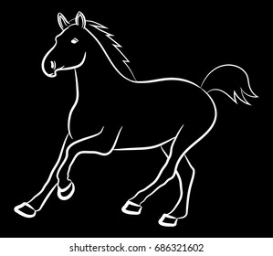 The horse runs forward. Vector linear drawing. White pattern black background.