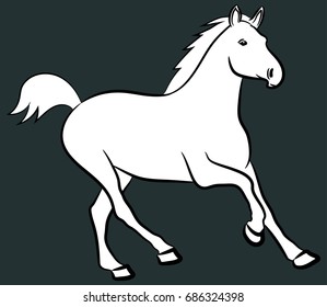 The horse runs forward. Vector linear drawing. White horse on a black background.