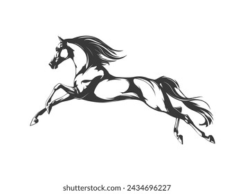 A horse rushes forward, black and white vector illustration