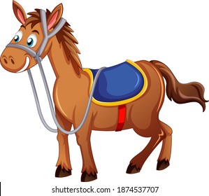 A horse with saddle cartoon character on white background illustration