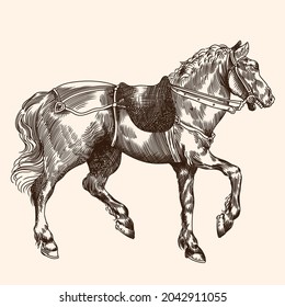 Horse with saddle and harness in vintage style on a beige background.