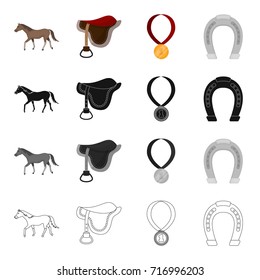 A horse, a saddle for a rider, a reward in races, a horseshoe. Hippodrome and horse racing set collection icons in cartoon black monochrome outline style vector symbol stock illustration web.