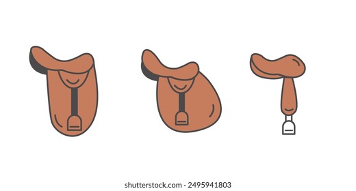 Horse Saddle Set Icons. Western, Dressage, Jumping Equipment. Flat Outline Colored Vector Illustrations for Equestrian Sports, Riding Gear and Outdoor Adventures.