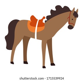 Horse with saddle standing still, isolated stallion with seat on back for horserider. Standing mare of purebred, domestic animal for racing. Equestrian equipment, equine vector in flat style