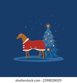 Horse in a Santa Claus costume stands next to a decorated Christmas tree