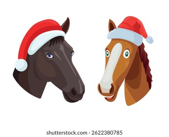 Horse in Santa Claus hat, Year of the Horse. Flat vector, clipart illustration isolated on white background.