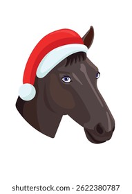 Horse in Santa Claus hat, Year of the Horse. Flat vector, clipart illustration isolated on white background.